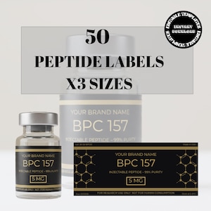 May include: An image featuring a small glass vial with a silver cap, labeled "BPC 157" and "5 MG". A larger bottle and a black and gold label are also visible, with the text "50 PEPTIDE LABELS X3 SIZES".