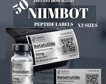 Etiquetas para Frascos de Peptídeos Niimbot | Modelos Holográficos Prateados para Canva, Etiquetas para Frascos com Código QR | Clínica de Spa Médico de Pesquisa | Download Instantâneo
