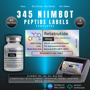 以下が含まれることがあります： Retatrutide 10mgバイアル用のホログラフィックテキストと化学構造を備えた345種類のNiimbotペプチドラベルテンプレートのデジタルコレクション。40x20mm、40x30mm、50x30mmのサイズが含まれ、Niimbot、Phomemo、Zebra、Brother、Rollo、Munbynプリンターと互換性があります。