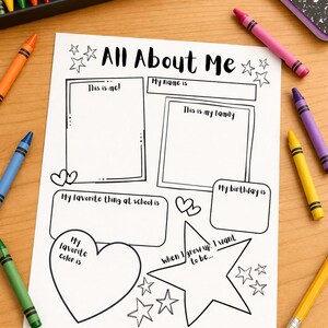 May include: A white "All About Me" worksheet with fill-in sections, including "This is me!", "My name is", and "My favorite color is". The worksheet is surrounded by colorful crayons and a notebook.
