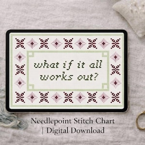 以下が含まれることがあります： 「what if it all works out?」の文字がクロスステッチ風にデザインされたデジタルニードルポイントステッチチャート。マルーンと白のクロスステッチ模様のボーダーが特徴です。金色のハサミと刺繍糸も写っています。