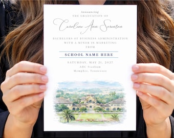 May include: A graduation announcement with the text "ANY UNIVERSITY" at the top. The announcement reads "Announcing the Graduation of Caroline Ann Sorenton" and includes details about the degree, school, date, and location. The announcement is printed on watercolor paper.