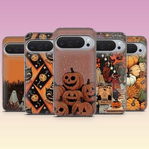 May include: Five smartphone cases featuring Halloween-themed designs. The cases display various patterns including ghosts in a field, vintage black cats, stacked jack-o'-lanterns with sparkles, a collage of spooky imagery, and a collection of pumpkins.