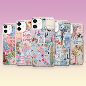 Può includere: Diverse custodie per telefono con design unici. Una custodia mostra la scritta "Faith over Fear", mentre un'altra dice "East Coast". Altre custodie presentano collage di immagini, tra cui un cowboy, una tavola da surf e fiori.