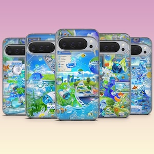 Op de afbeelding: Vijf telefoonhoesjes met een levendig, aquatisch ontwerp. Elk hoesje heeft een unieke onderwater scène met vissen, bellen en een stadsgezicht. De hoesjes hebben een heldere, glanzende afwerking en de achtergrond is een verloop van blauw en paars.