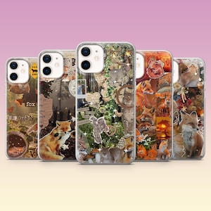 May include: A collection of five clear phone cases with various fox-themed designs. The cases feature collages with foxes, butterflies, and text elements in shades of brown, orange, and green. The cases are arranged in a row against a gradient pink and purple background.