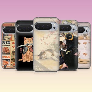 May include: Five smartphone cases arranged in a row, each featuring distinct cat-themed illustrations. Designs include a collage with Japanese text, an orange cat holding a sword, a sleeping cat under cherry blossoms, black cats, and goldfish.