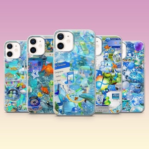 May include: Five phone cases with a blue and turquoise aquatic design. Each case has a unique collage of fish, bubbles, and computer-inspired graphics. The cases are arranged in a row, showcasing their individual designs. The cases are a mix of light and dark blues.