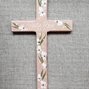 Floral Wood Cross (Hand Painted Modern Cross for Nursery Decor Baptism Gift)