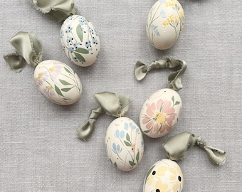 Hand Painted Floral Easter Egg Wood Ornaments Set of 6