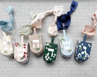 Hand Painted Floral Wood Dreidel Ornament for Hanukkah - Jewish Decor