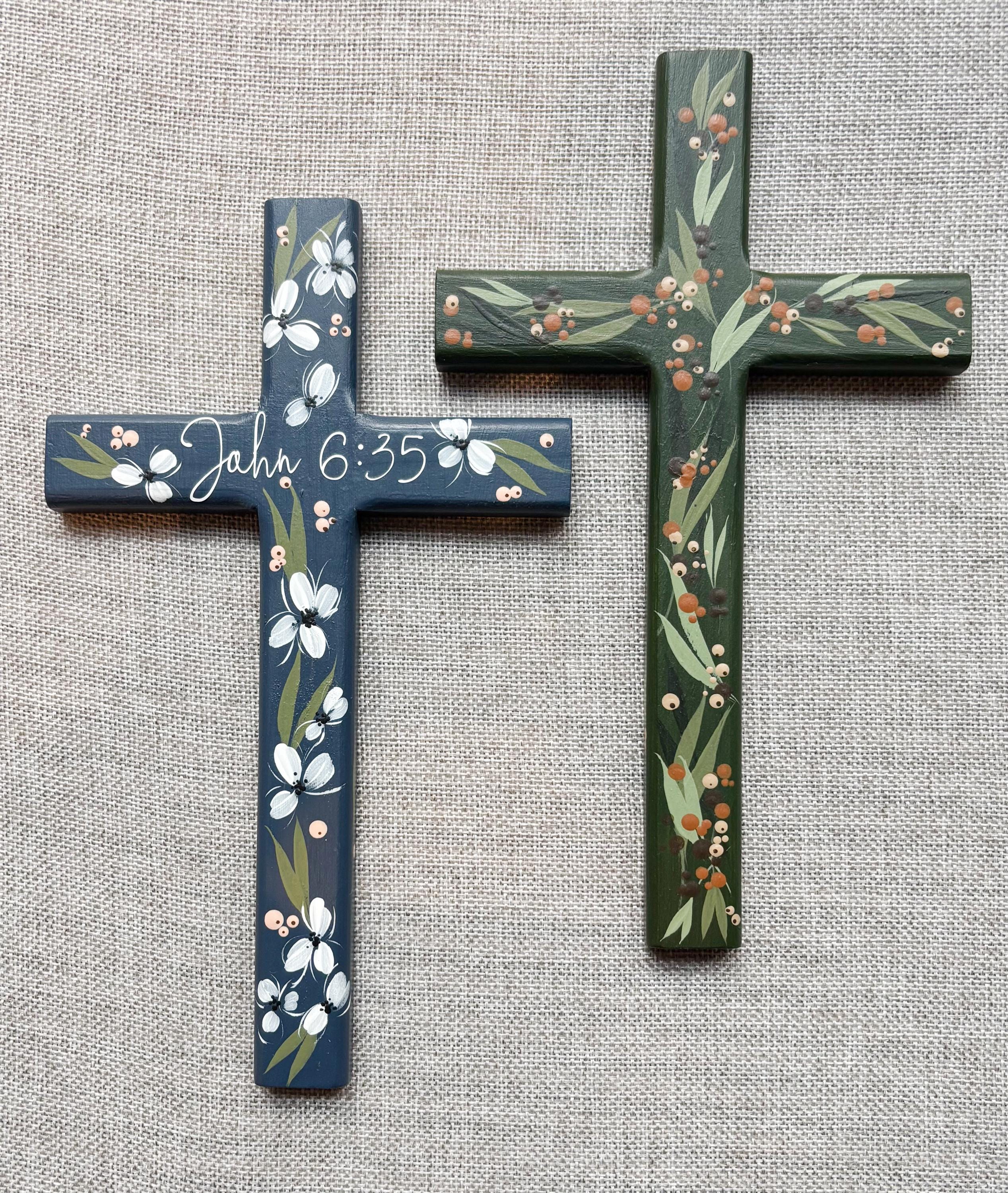 Hand Painted Modern Floral Wood Christian Cross