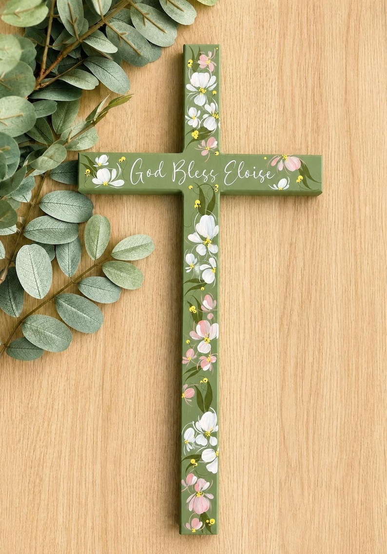 Personalized Wooden Cross, Hand Painted Floral Cross, Baptism Gift, First Communion Gift, Confirmation Gift, Christian Wall Decor