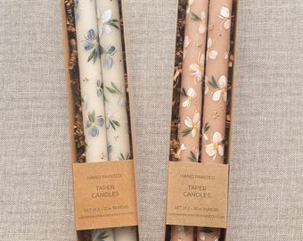 Set of 2 Hand Painted Modern Floral Unscented Paraffin Taper Candles