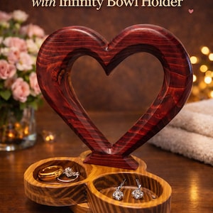 Escultura de corazón de madera artesanal con base infinita / Decoración para el hogar teñida en rojo