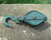 Vintage Small Double Pulley Green Metal Block and Tackle Old Farm Tool Primitive Decor Lighting