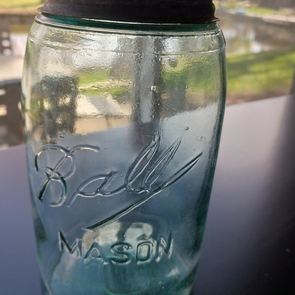 Vintage Antique 1900-1909 Blue Ball Mason QUART Canning Jar With Ball Zinc Lid, Sloped Shoulders, Wavy Glass, Weddings, Storage, Lighting