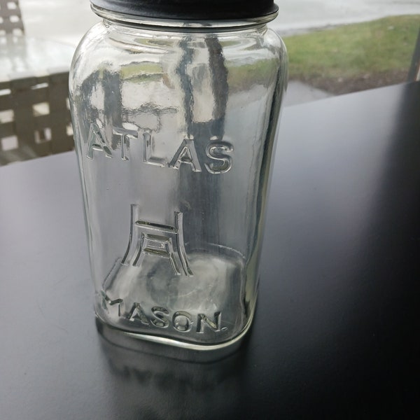 Vintage Atlas H over A MASON Clear Square Quart Canning Jar With Atlas Zinc Lid, Storage, Lighting, Crafts, Weddings