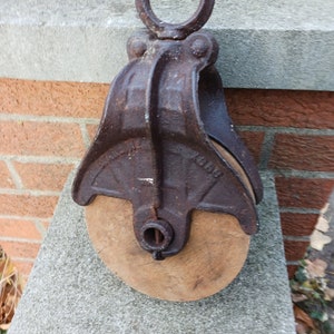 Vintage Starline Barn Pulley Cast Iron & Wood Hay Carrier Block and Tackle Old Farm Tool Primitive Decor Lighting