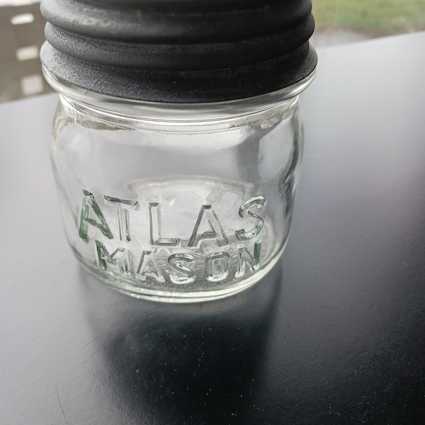 Vintage ATLAS Mason Square Half Pint Clear Fruit Jar With Atlas "A" Zinc Lid