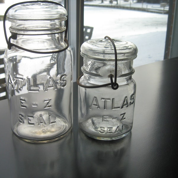 2 Vintage Atlas E-Z Seal Clear Canning Jars Quart Pint Glass Lids Wire Bails Red Rubber Seals Canisters Storage, Lighting, Crafts