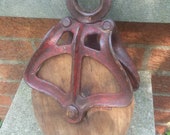 Vintage LOUDEN A21 Barn Pulley Cast Iron Wood Hay Carrier Block and Tackle Old Farm Tool Primitive Decor Lighting