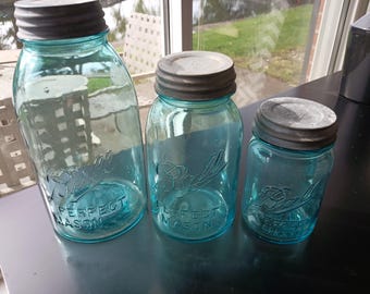 3 Vintage 1923-1933 Blue Ball Perfect Mason Canning Jars Half Gallon Quart Pint W/Zinc Ball Lids Canisters, Lighting, Crafts