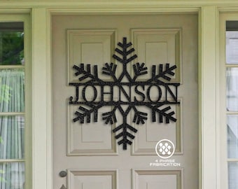 Holiday Wreath Family Name Sign- 22" Metal Holiday Door Hanger- Last Name Sign- Winter Front Door Sign- Housewarming- Snowflake Door Wreath-