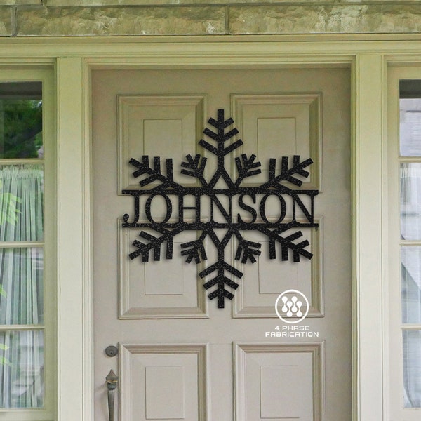 Holiday Wreath Family Name Sign- 22" Metal Holiday Door Hanger- Last Name Sign- Winter Front Door Sign- Housewarming- Snowflake Door Wreath-