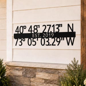 May include: A black metal wall sign featuring the coordinates 40° 48' 27.13" N and 73° 05' 03.29" W with the text EST. 2019 centered on a horizontal bar. The sign is mounted on white horizontal siding next to a black door and a green wreath.