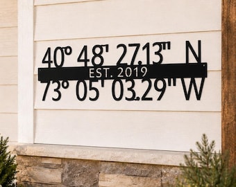 May include: A black metal wall sign featuring the coordinates 40° 48' 27.13" N and 73° 05' 03.29" W with the text EST. 2019 centered on a horizontal bar. The sign is mounted on white horizontal siding next to a black door and a green wreath.