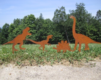 Dinosaur Metal Garden Stakes- T-Rex Raptor Yard Art | Rustic Steel Garden Decor | Dinosaur Lover Gift | Outdoor Lawn Silhouette trex, Raptor