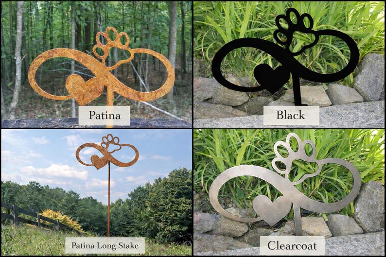 May include: Four metal garden stakes with an infinity symbol design, a heart, and a paw print. The stakes are in different finishes: Patina, Black, Patina Long Stake, and Clearcoat. Each stake has a label with its finish name.
