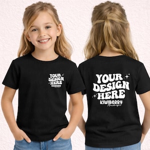 Bella Canvas 3001Y ユースTシャツ モックアップ ブラック | 前面と背面ビュー | キッズシャツ | JPG デジタルダウンロード