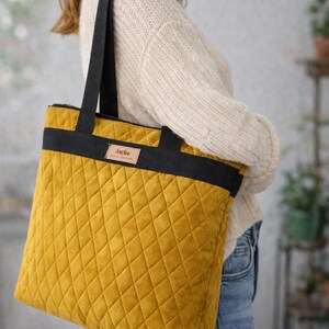 Mustard Velvet Tote Bag – Quilted Fall Statement Shoulder Bag – Large Handmade Everyday Tote