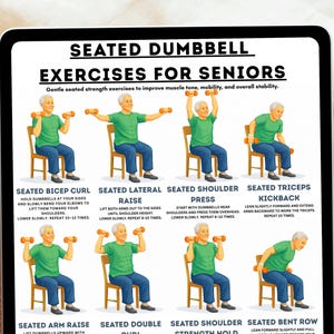 Seated Dumbbell Exercises for Seniors, Chair Strength Workout Chart, Senior Fitness Printable, Light Weight Training Guide