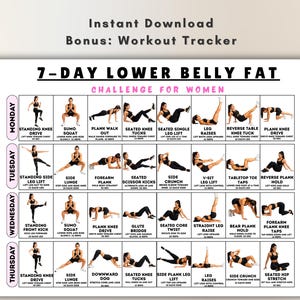 Défi de la graisse du bas du ventre sur 7 jours pour femmes, programme d'entraînement sur 7 jours, exercices pour les abdominaux et les abdominaux inférieurs, défi de remise en forme imprimable PDF