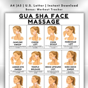 Puede incluir: Una guía imprimible de masaje facial Gua Sha. La guía incluye ilustraciones e instrucciones para el barrido de la mandíbula, el levantamiento de mejillas, la escultura de mentón, el levantamiento de frente, el barrido debajo de los ojos, la liberación de sienes, el levantamiento ascendente del cuello y el barrido lateral del cuello.