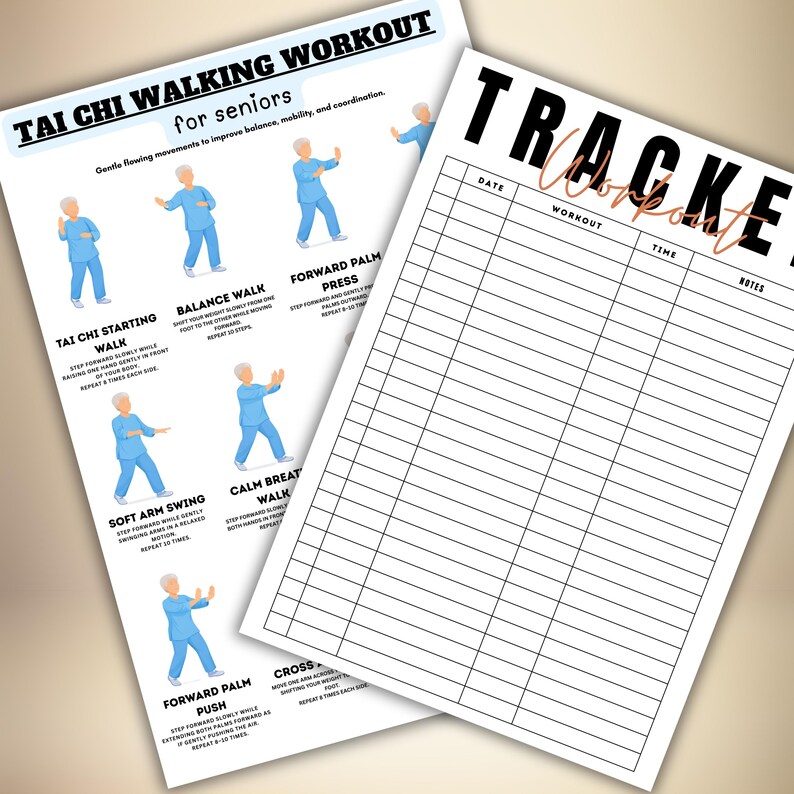 May include: Two white printed sheets. One sheet has the title "TAI CHI WALKING WORKOUT for seniors" with illustrations of Tai Chi movements. The other sheet is a workout tracker with the word "TRACKER" in large black letters.