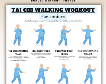 Tai Chi Walking Workout for Seniors Printable, Gentle Balance Exercise Chart, Tai Chi Movements Guide, Senior Mobility Routine