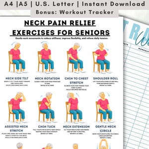 以下が含まれることがあります： 高齢者向けの首のエクササイズのイラストが描かれた、印刷可能なワークアウトガイド。ガイドには、首の横への傾き、回転、あごのストレッチ、肩のローリングなどの手順が含まれています。