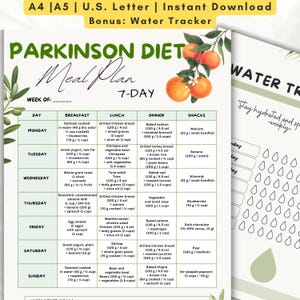 May include: A printable 7-day Parkinson's diet meal plan, featuring a detailed breakdown of breakfast, lunch, dinner, and snack options. Includes a water tracker. The plan is designed for A4, A5, and U.S. Letter sizes.
