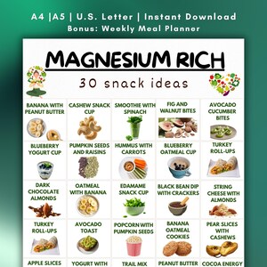 May include: A printable weekly meal planner with the title "Magnesium Rich" and the text "30 snack ideas." The planner features images and names of various snack options, including fruits, nuts, and other healthy choices.