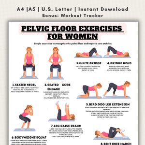 Pode incluir: Um guia de exercícios imprimível intitulado "Exercícios para o Assoalho Pélvico para Mulheres". O guia apresenta exercícios ilustrados, incluindo exercícios de Kegel sentados, envolvimento do core, pontes de glúteos e elevações de pernas. Projetado para fortalecer os músculos do assoalho pélvico.
