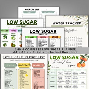 Peut inclure: Ensemble de planificateurs de régime à faible teneur en sucre, comprenant un tableau des aliments, une liste d'épicerie, un suivi de l'eau et un plan de repas. Les documents présentent des listes de légumes, de fruits et de sources de protéines.