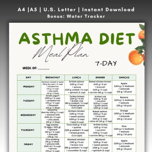 May include: A printable 7-day Asthma Diet Meal Plan, with breakfast, lunch, dinner, and snack suggestions. The green and white chart includes food measurements in grams and cups, with a bonus water tracker.