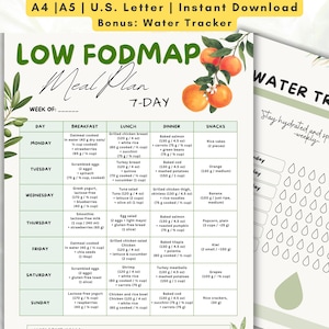 May include: A printable low FODMAP meal plan for a 7-day week, with breakfast, lunch, dinner, and snack suggestions. Includes a water tracker and is available for instant download in A4, A5, and U.S. Letter sizes.