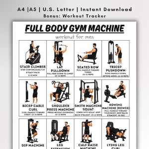 以下が含まれることがあります： 「FULL BODY GYM MACHINE workout for men」と題された白黒のワークアウトチャート。階段クライマー、ラットプルダウン、シーテッドロー、上腕三頭筋プッシュダウン、バイセップケーブルカール、ショルダープレスマシン、スミスマシンスクワット、ローイングマシン、ディップマシン、レッグエクステンション、カーフレイズマシン、ライイングレッグカールなど、さまざまなエクササイズを説明しています。