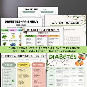 Peut inclure: Ensemble de tableaux et de planificateurs alimentaires pour diabétiques. Les documents comprennent une liste d'épicerie, un tableau alimentaire, un suivi de l'eau et un plan de repas sur 7 jours. La palette de couleurs est principalement verte et blanche, avec des illustrations de fruits et légumes.
