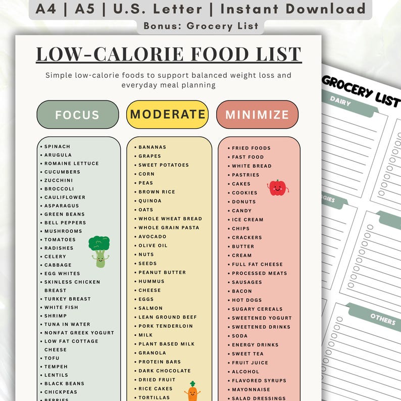 Low Calorie Food List Printable, Weight Loss Friendly Foods Chart, Low